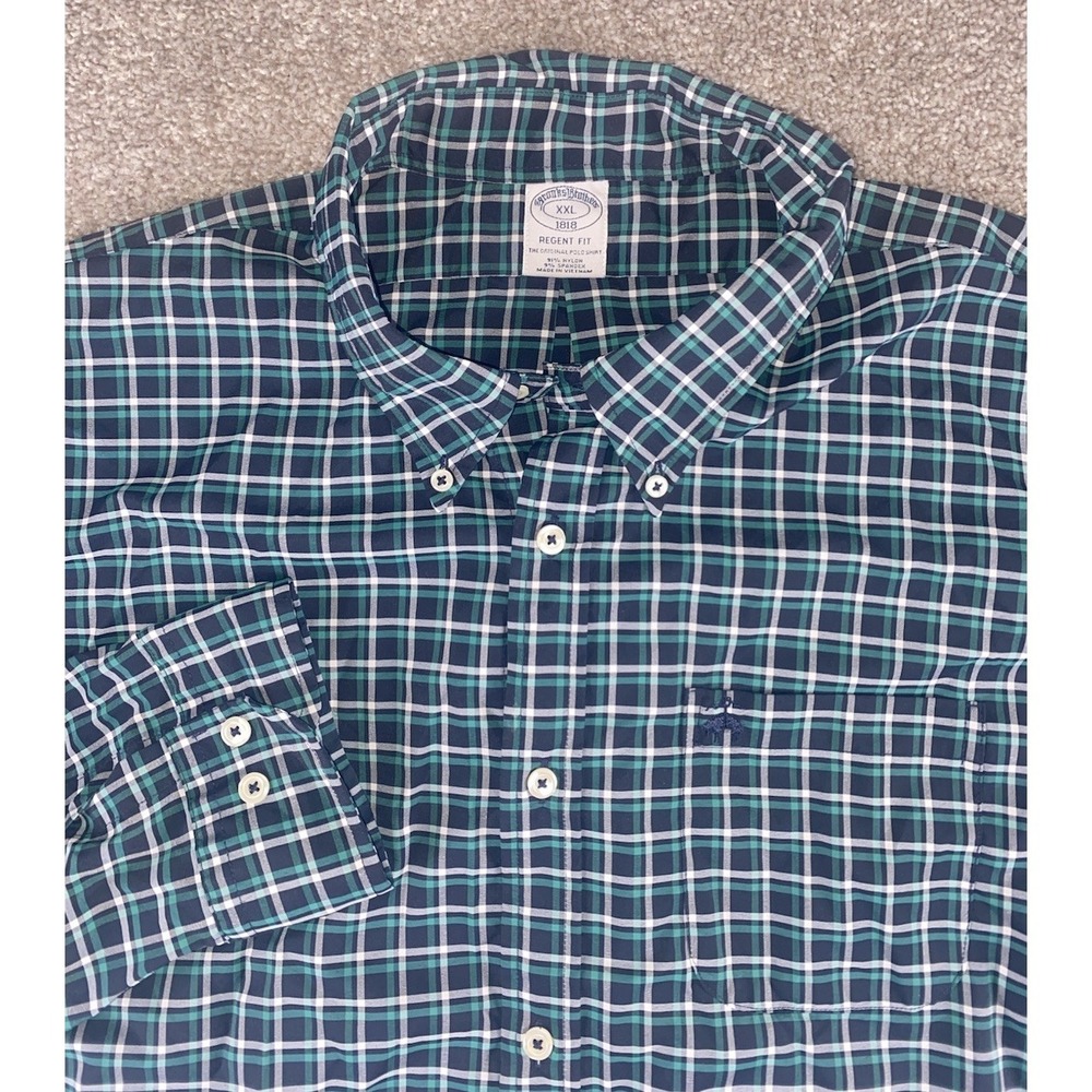 Brooks Brothers Regent Fit Shirt Nylon/Spandex Mens XXL‎ Green/Blue Plaid Lamb